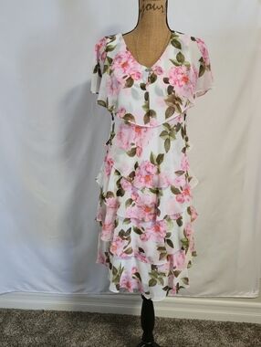 SLNY White Midi Dress with Pink Floral Print